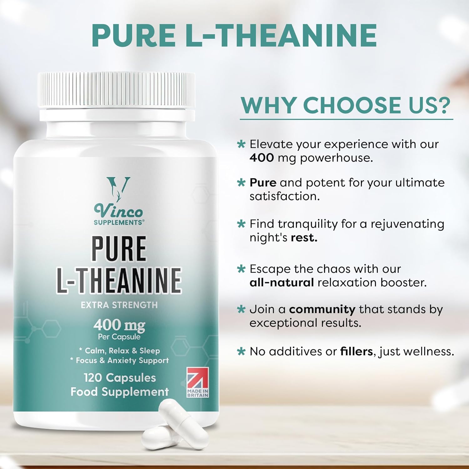 Vinco L-Theanine Supplement - 400mg x 120