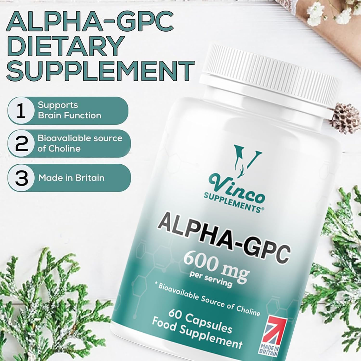 Vinco Alpha GPC Choline Supplement 600mg