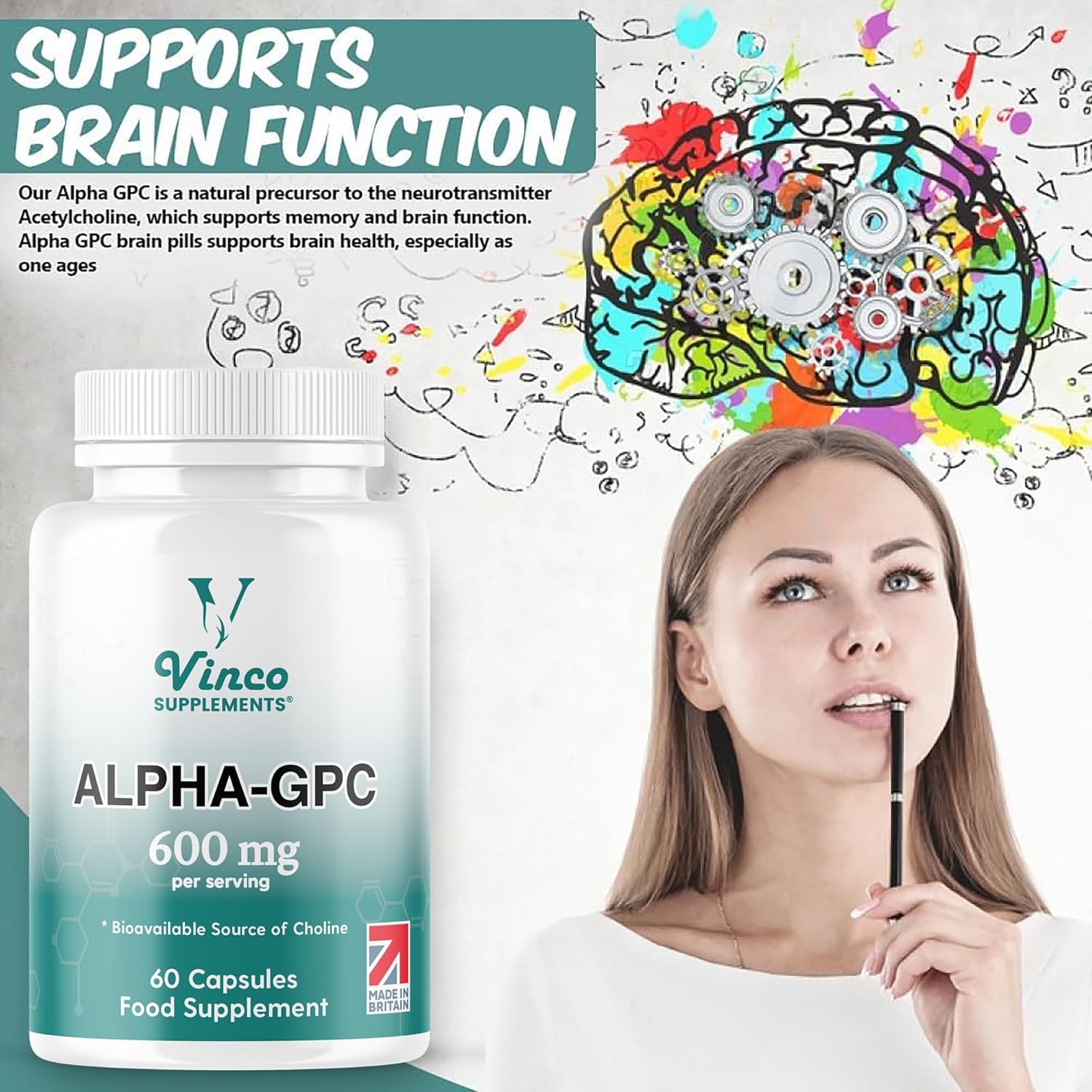 Vinco Alpha GPC Choline Supplement 600mg